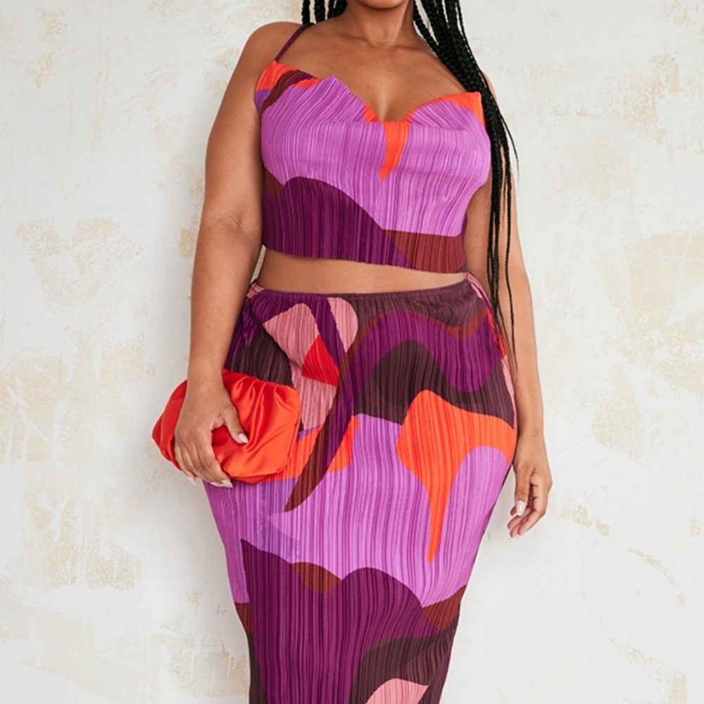 Pink Print Cowl Neck Skirt Set